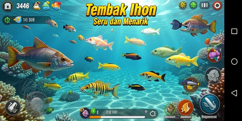 Gameplay seru dalam 3446 dengan berbagai jenis ikan dan senjata.