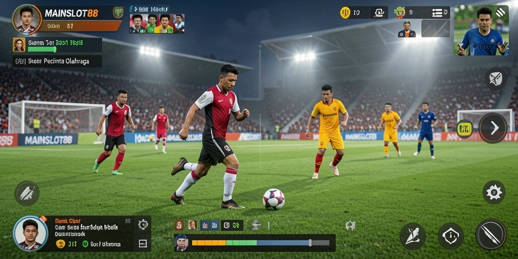 Screenshot utama MAINSLOT88 menampilkan aksi seru di lapangan sepak bola.