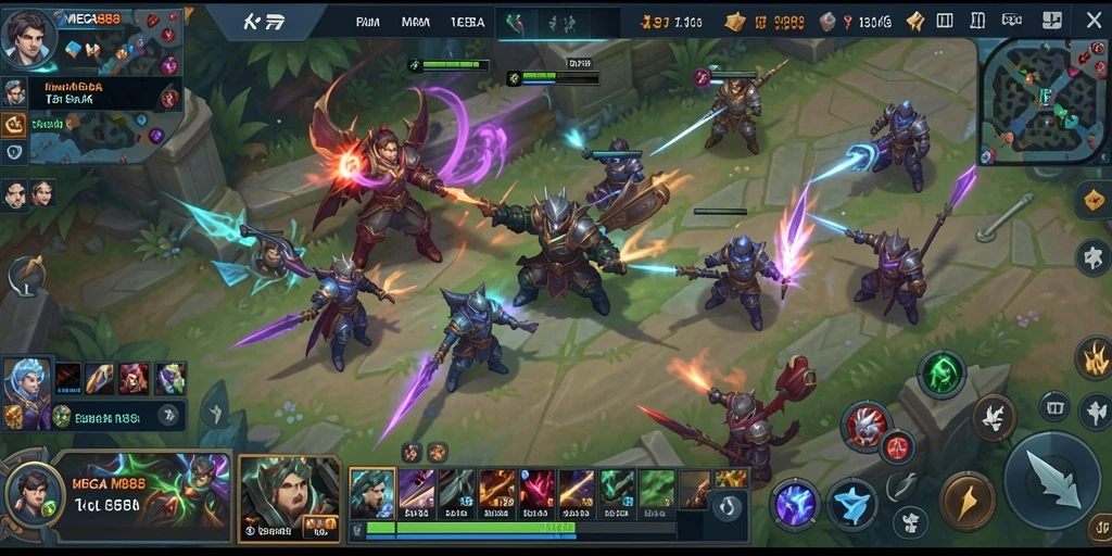 Tangkapan layar gameplay MEGA888 yang menampilkan aksi pertempuran MOBA yang mendebarkan.