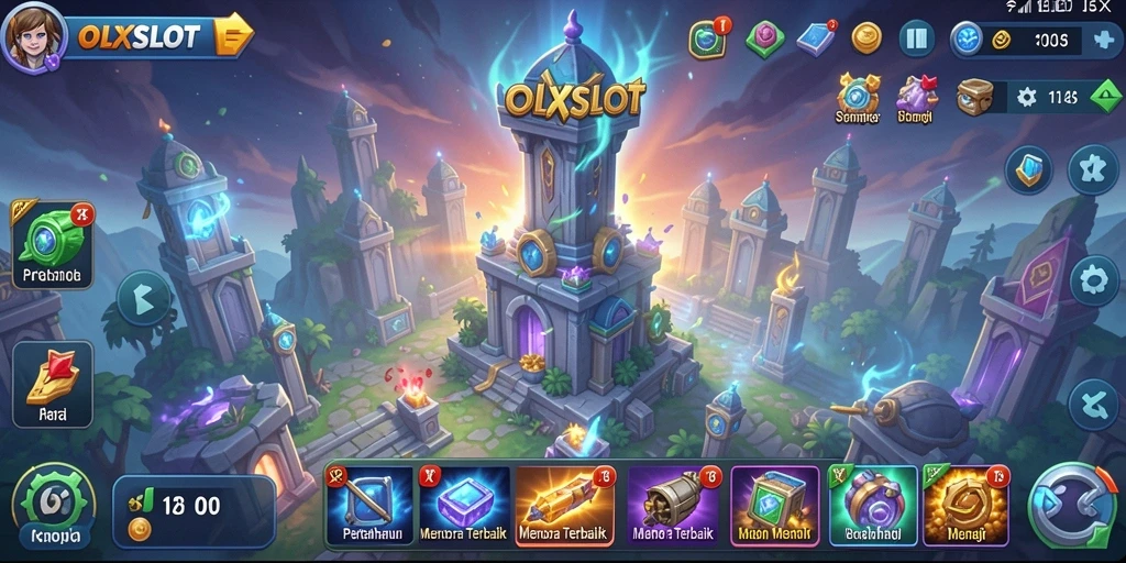 Screenshot menampilkan aksi menara yang kuat dalam permainan Tower Defense.