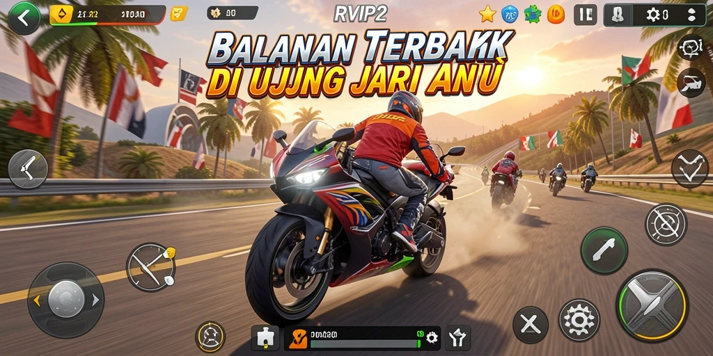 Screenshot menunjukkan balapan motor seru dan menantang di RVIP2.